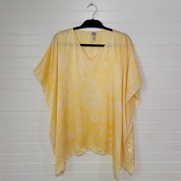 Chicos OS Silk Kimono Top Yellow Short Sleeve Long V Neck Tunic Flowy Lagenlook - Picture 1 of 6